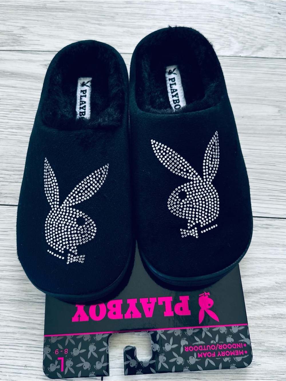 PLAYBOY Black Slip-On Slippers with Crystal Bunny Motif